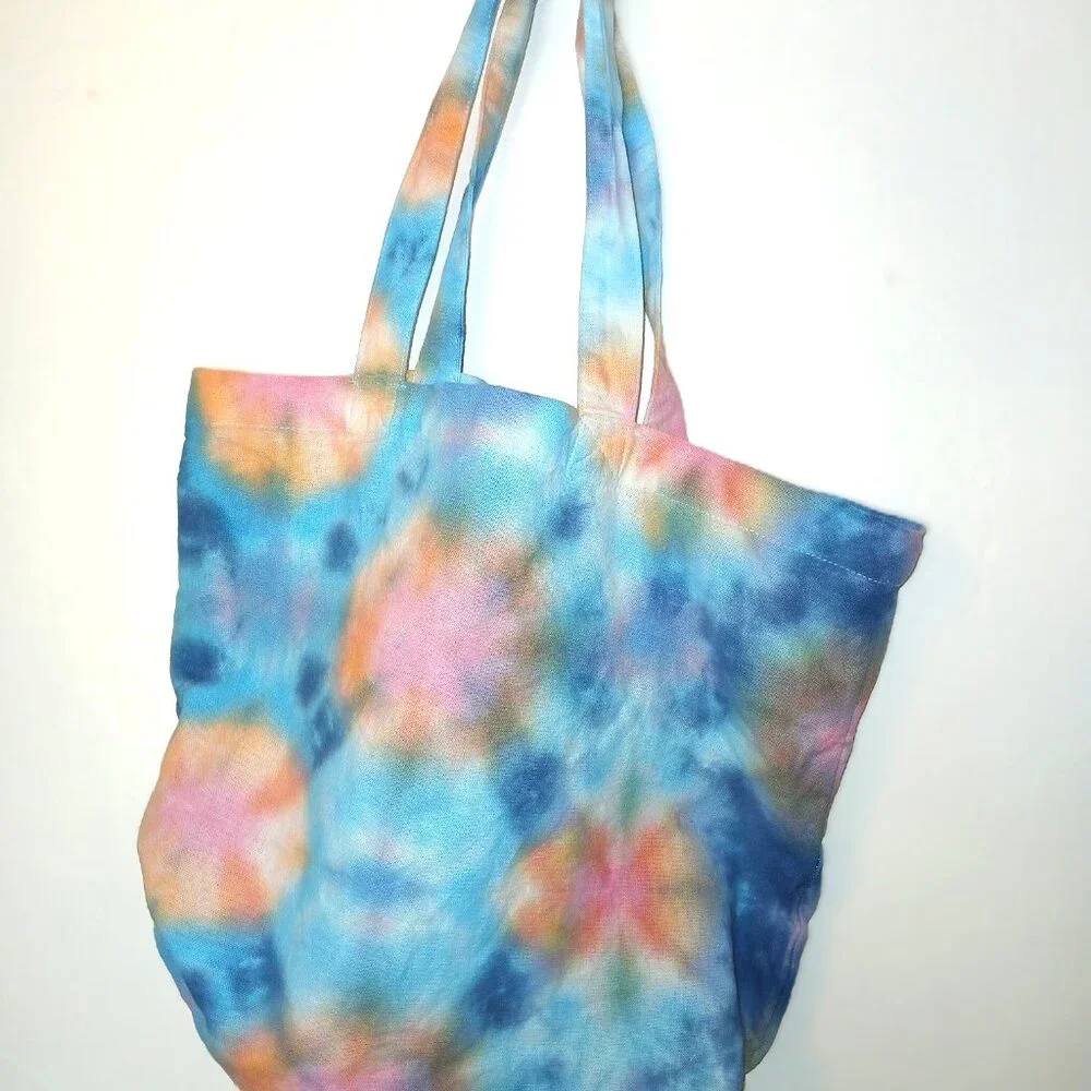 Tie Dye Tote Bag Cotton Reusable Grocery Bag With Blue Pink Orange Handmade - Picture 9 of 16